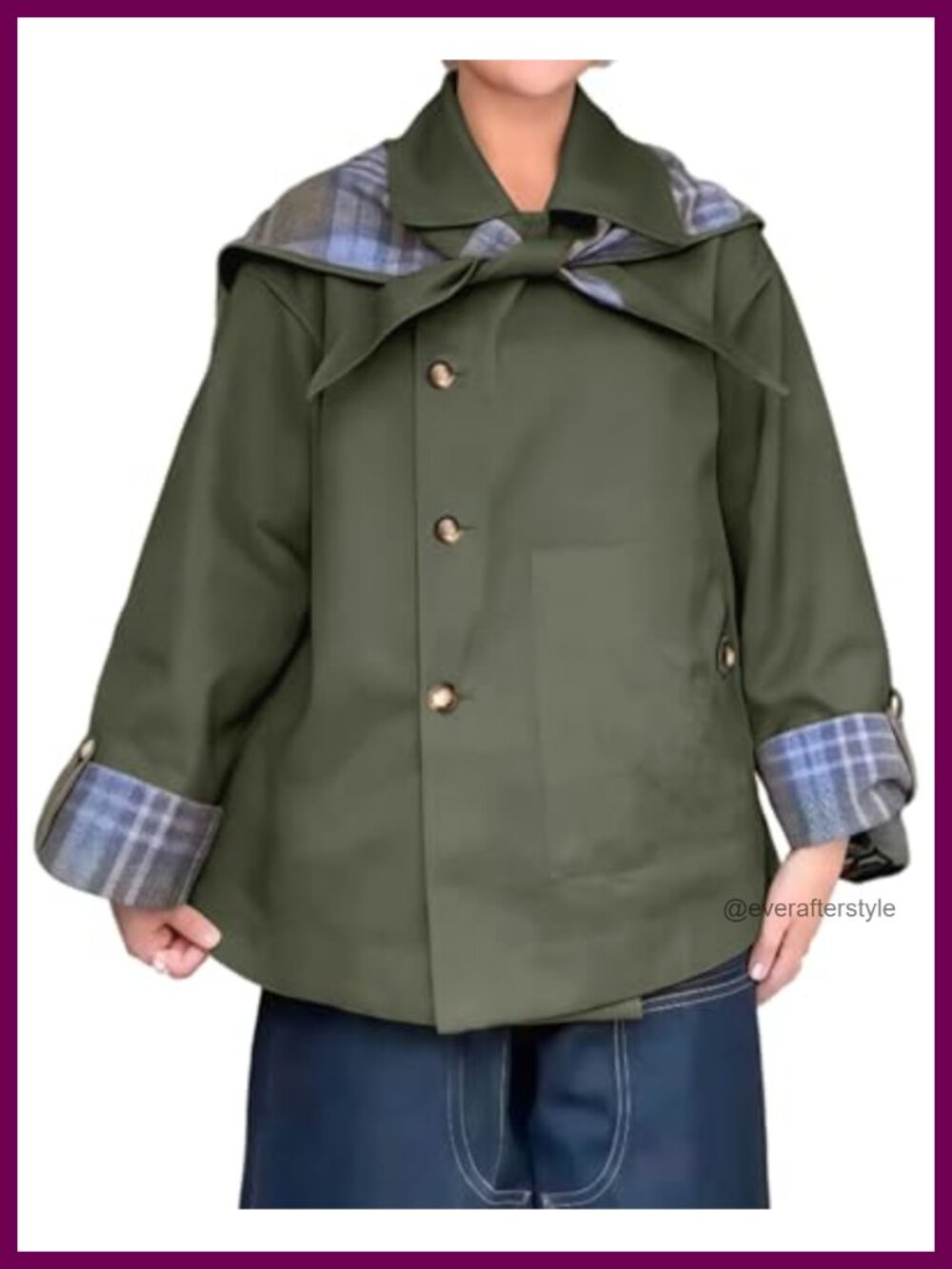 Women's Short Trench Coat Notch Collar Plaid Reversible Oversized Jacket
